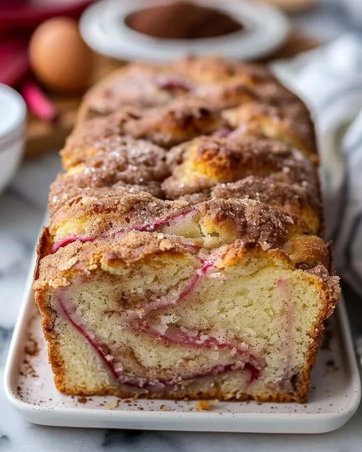 Freshly baked Cinnamon Rhubarb Swirl Bread with cinnamon topping