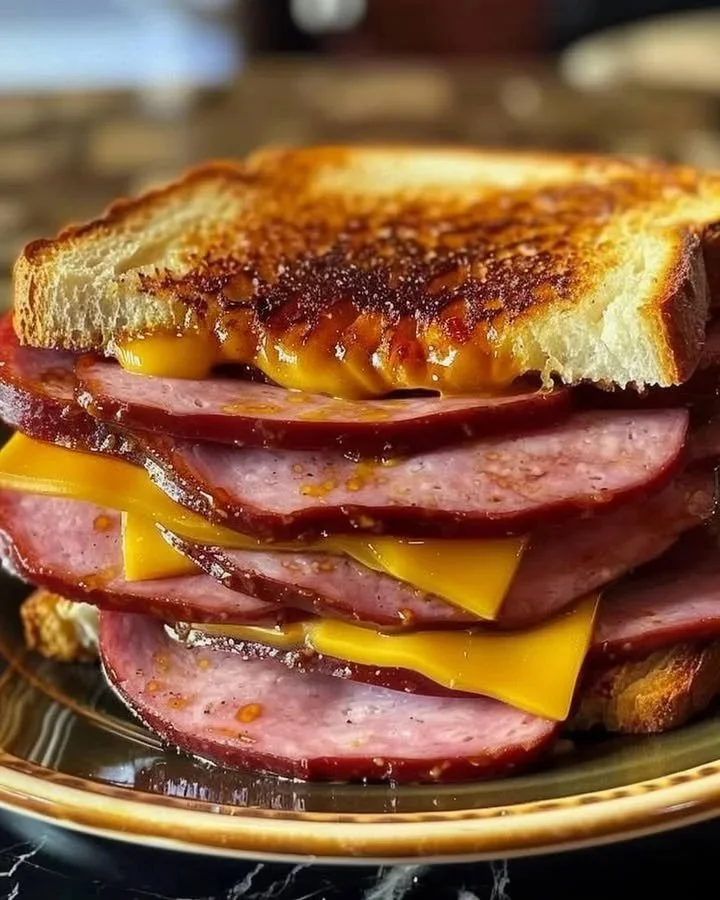 Classic fried bologna sandwich with crispy edges and golden brown texture