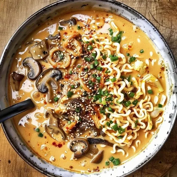 Bowl of coconut curry spicy ramen garnished with fresh herbs and vegetables
