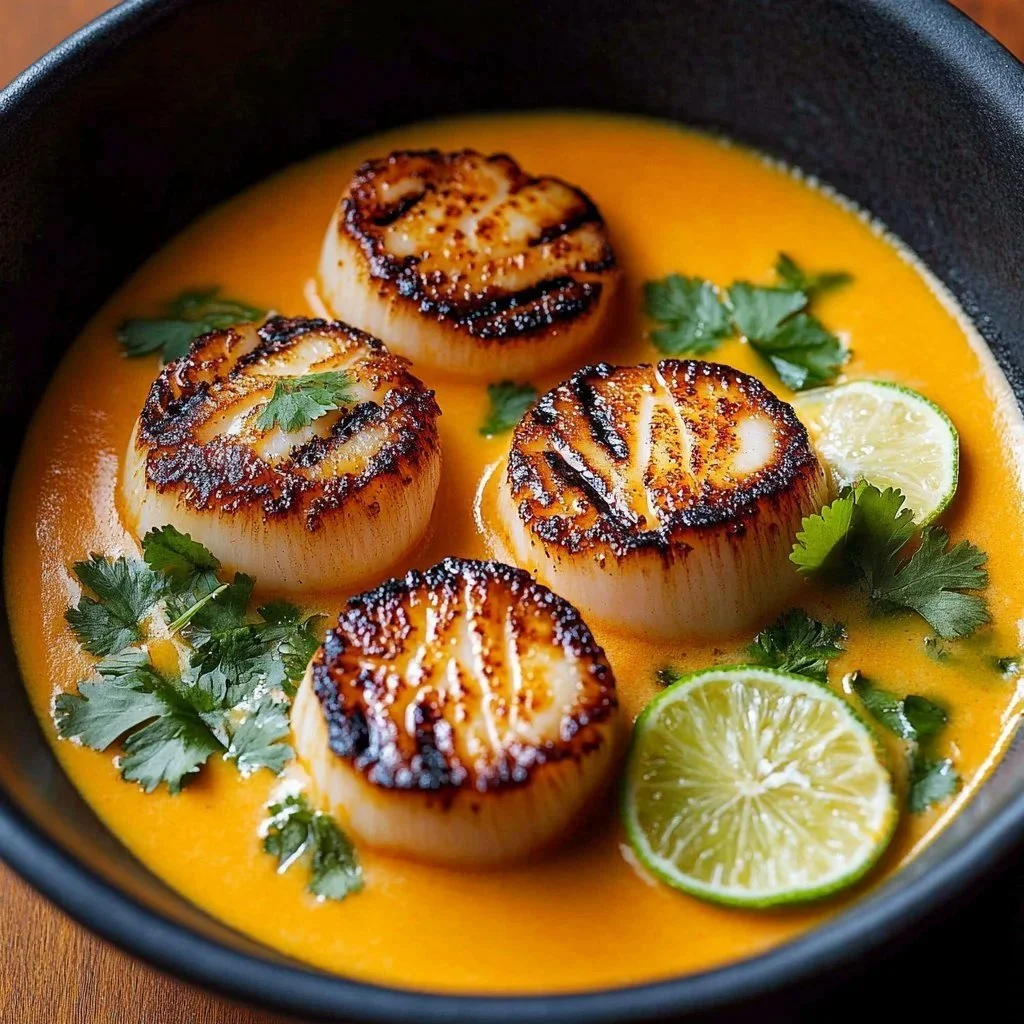 Bowl of Coconut Lime Spicy Soup garnished with lime and herbs