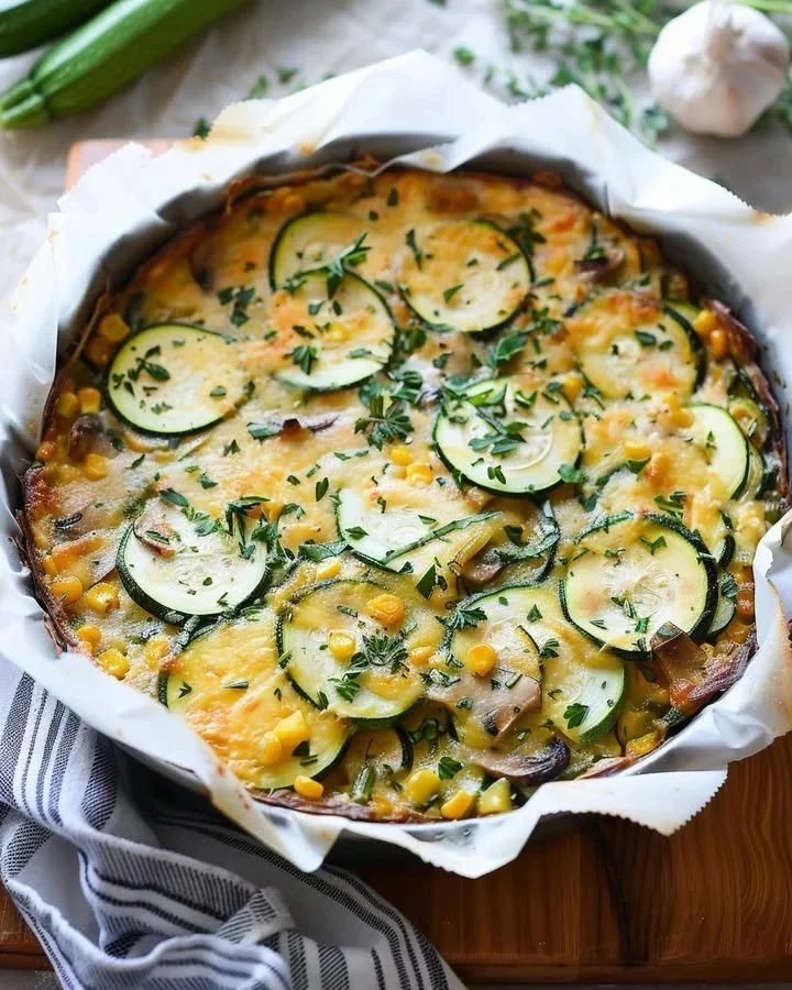 Delicious Corn and Zucchini Pie, a savory dish with fresh ingredients and tasty flavors.
