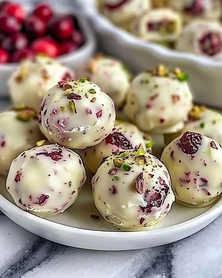 Cranberry Pistachio Delights with white chocolate garnish on a plate