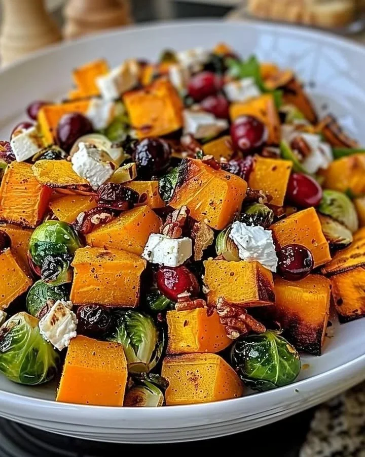 Cranberry roasted butternut squash salad with greens and nuts
