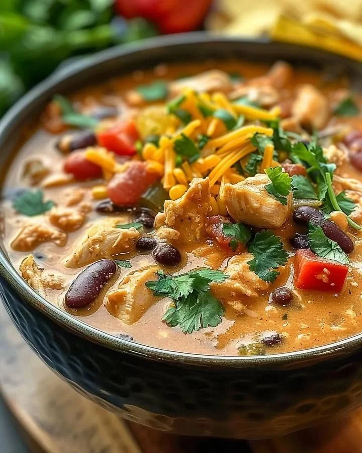 Bowl of Cream Cheese Chicken Chili topped with cilantro and cheese