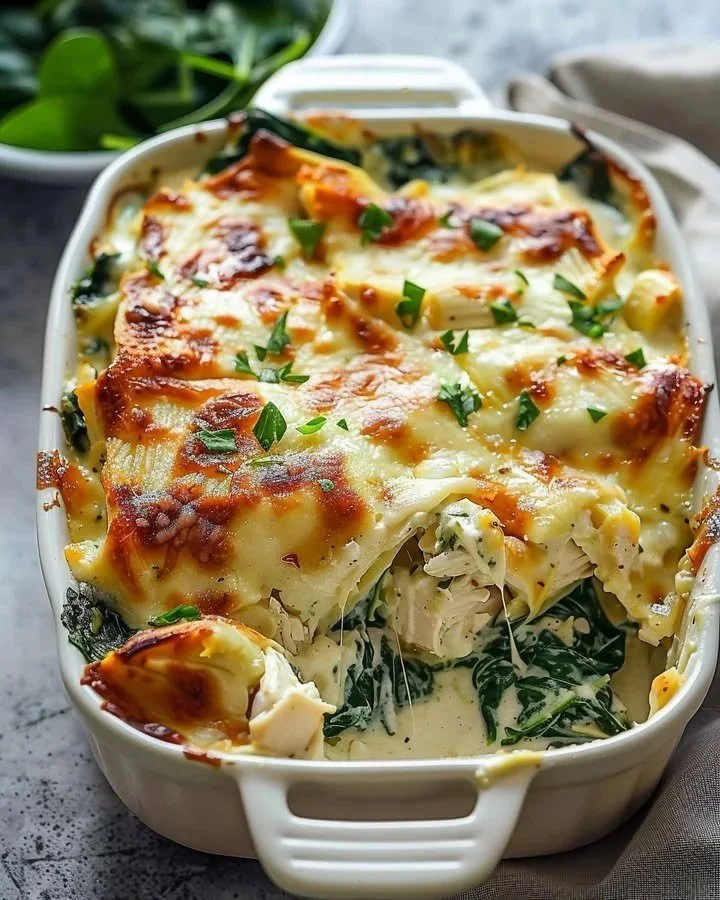 Cream Cheese Chicken Spinach Casserole with cheese and spinach topping