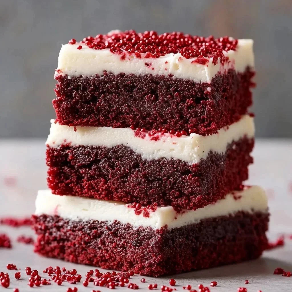 Delicious cream cheese frosted red velvet brownies on a white plate.