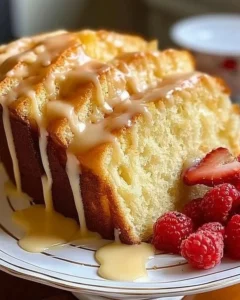 Slice of delicious cream cheese pound cake on a white plate