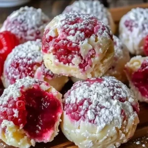 Cream cheese raspberry bites served on a white plate