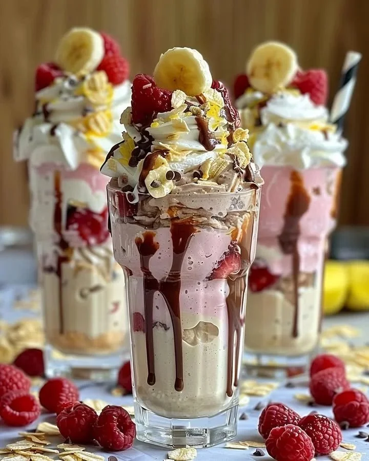 Delicious creamy banana split milkshake topped with whipped cream and cherries