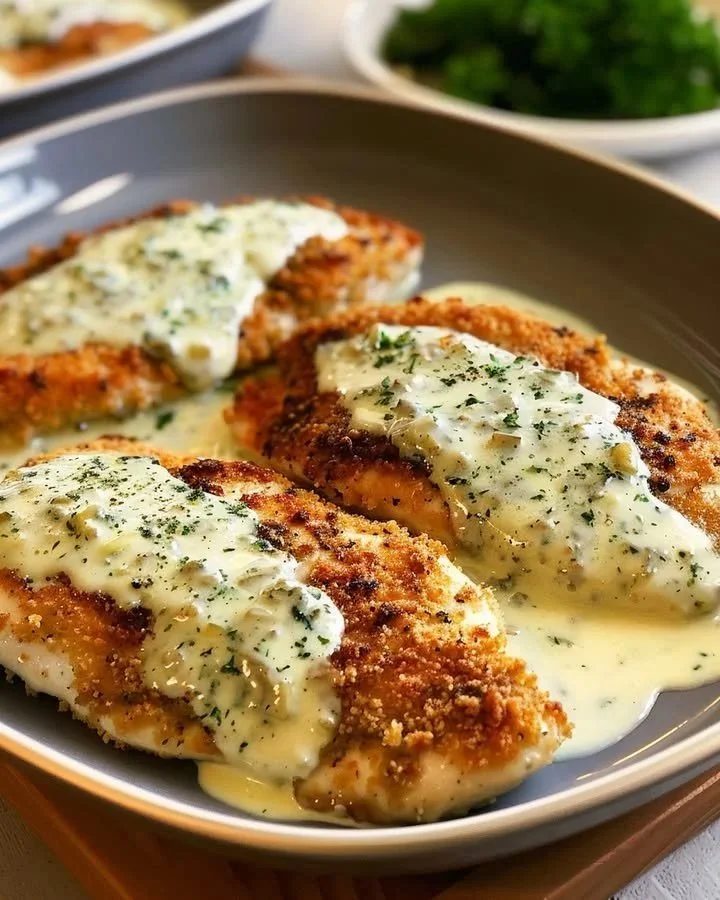 Creamy basil chicken dish garnished with fresh basil leaves on a white plate.
