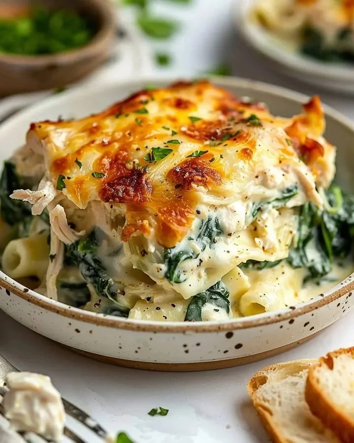 Delicious creamy Chicken Spinach Bake with chicken and fresh spinach