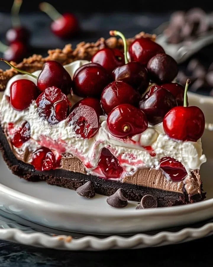 Creamy chocolate cherry pie topped with fresh cherries and chocolate curls