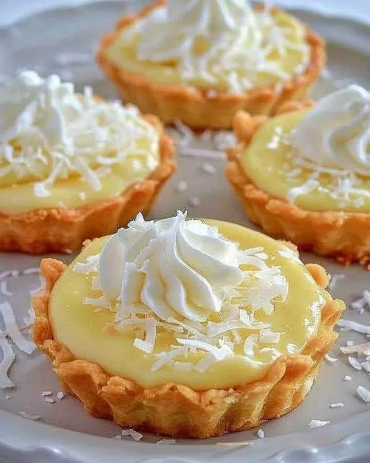 Delicious creamy coconut tartlets on a wooden table