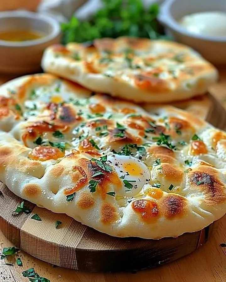 Delicious creamy cottage cheese flatbread on a wooden board