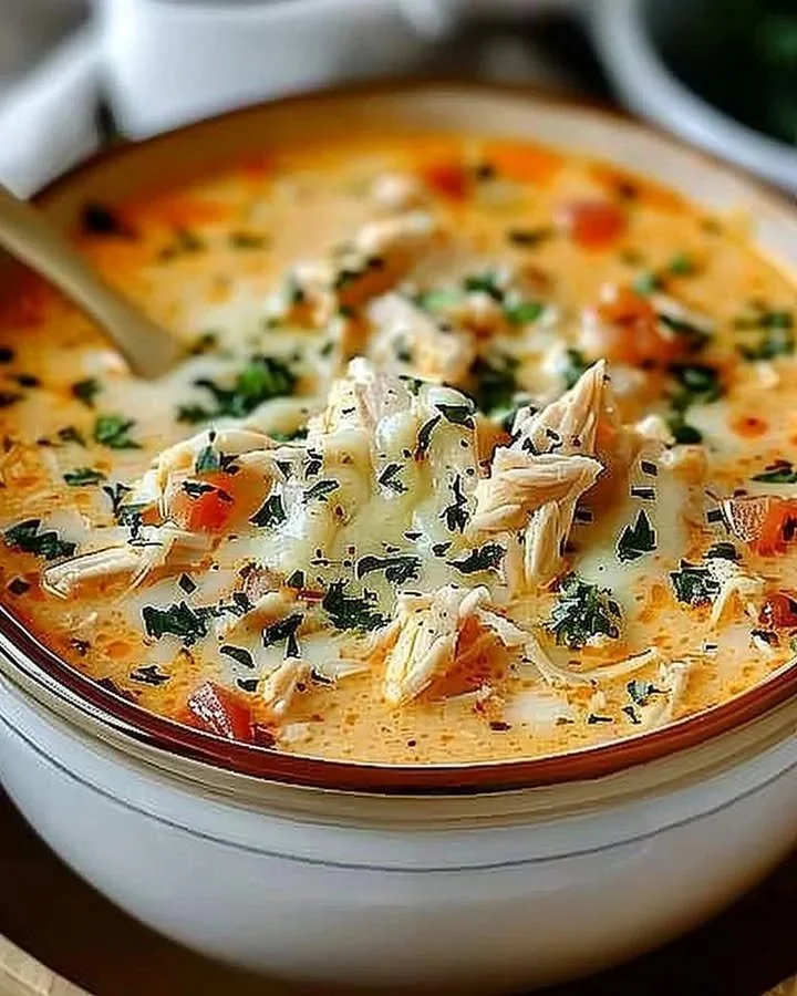Bowl of creamy Crock Pot Chicken Parmesan Soup with cheese and herbs