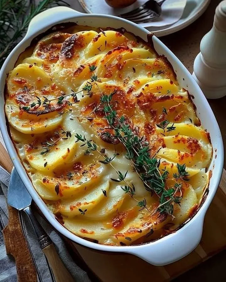 Delicious creamy potato bake topped with cheese and herbs