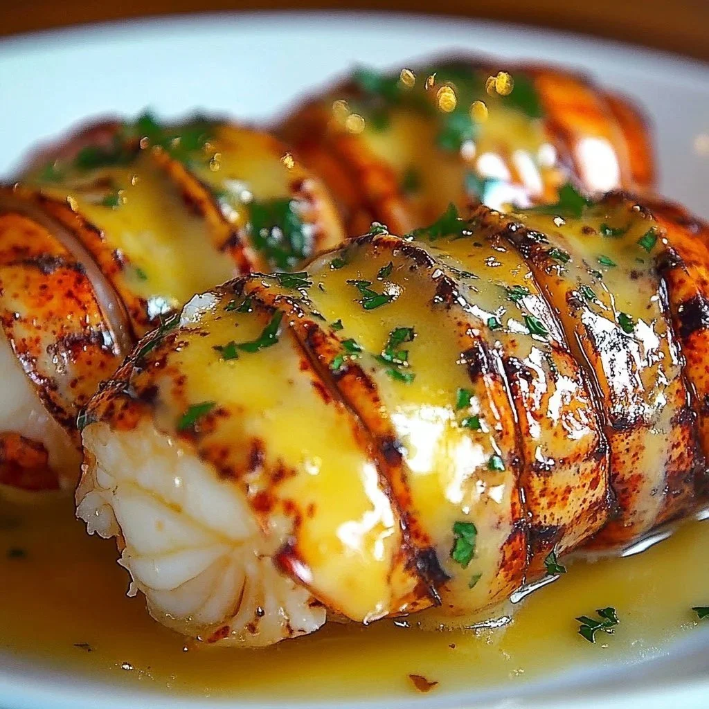 Delicious creamy garlic lobster tails served with herbs and garlic sauce