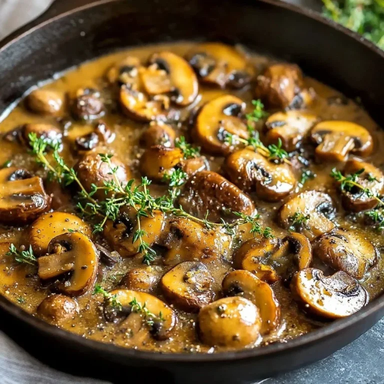 Bowl of creamy garlic mushroom stroganoff with fresh herbs