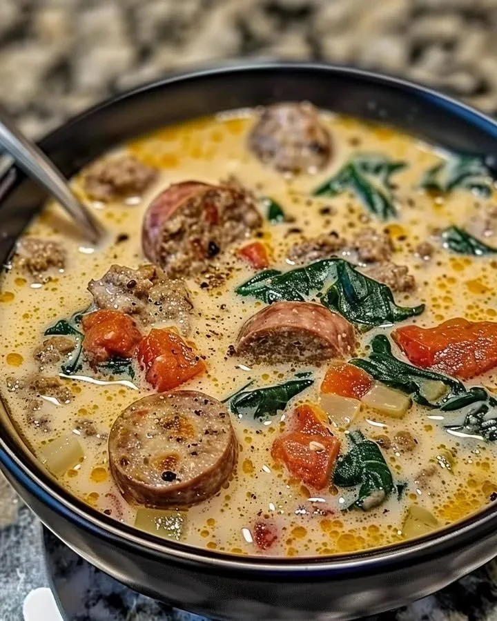Creamy Italian Sausage Parmesan Soup garnished with herbs and cheese.