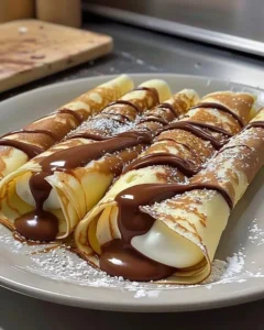 Delicious creamy Nutella-filled crepes on a plate, drizzled with chocolate sauce.