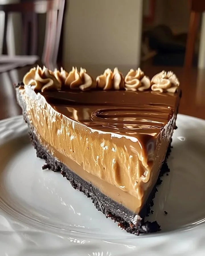 Slice of creamy peanut butter pie topped with chocolate and whipped cream