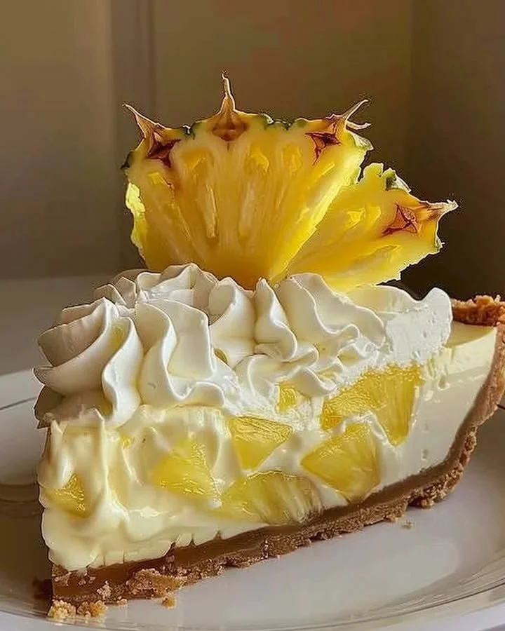 Creamy pineapple cheesecake pie topped with fresh pineapple slices and whipped cream
