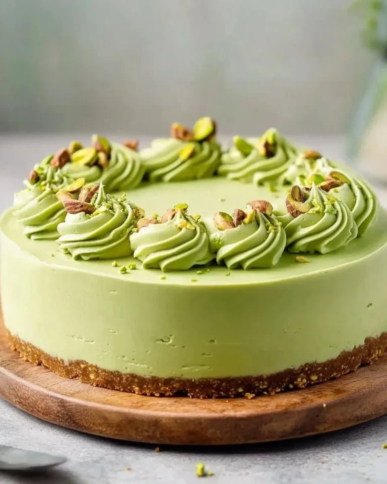 A slice of creamy pistachio cheesecake topped with crushed pistachios and whipped cream