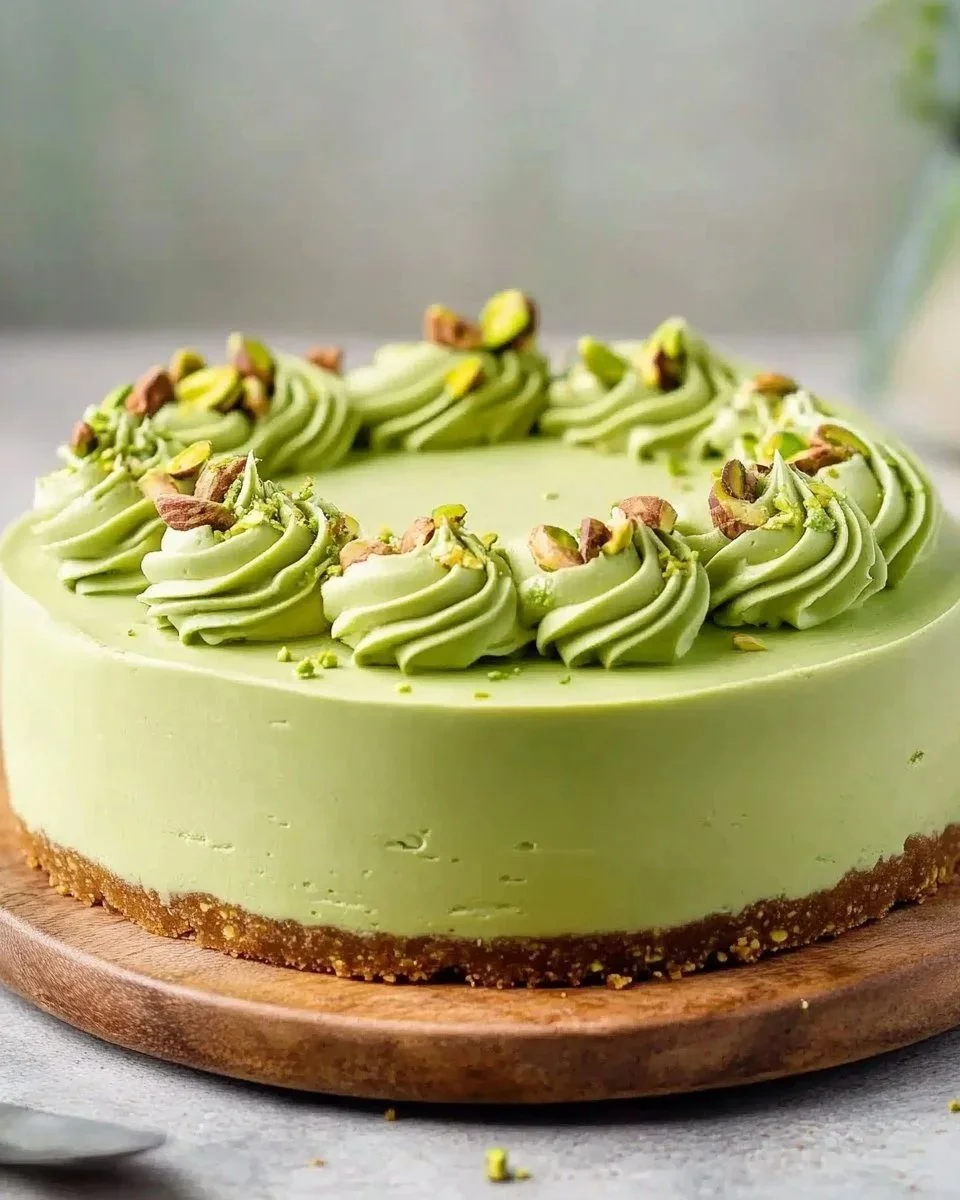 A slice of creamy pistachio cheesecake topped with crushed pistachios and whipped cream