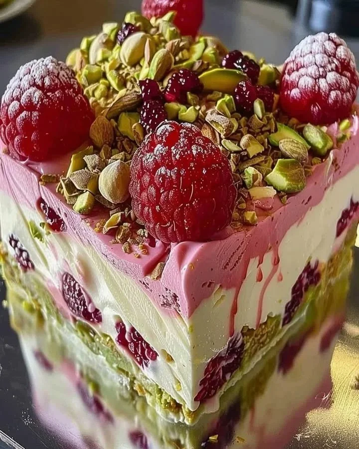 Creamy pistachio raspberry cheesecake topped with fresh raspberries and pistachios.