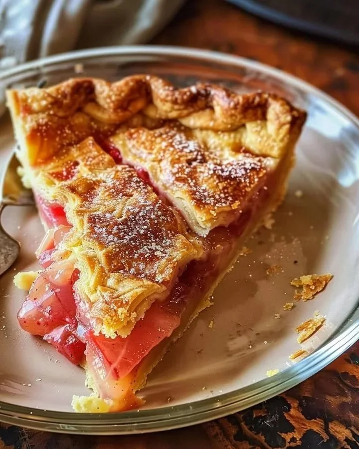 Sliced creamy rhubarb custard pie topped with fresh whipped cream.