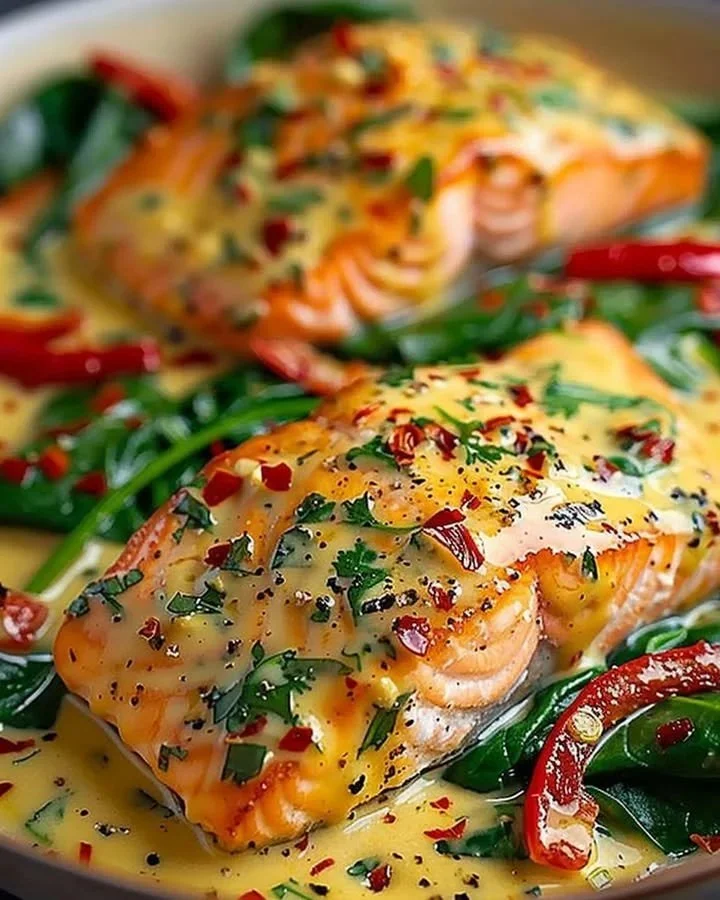 Creamy salmon dish with spinach and bell peppers
