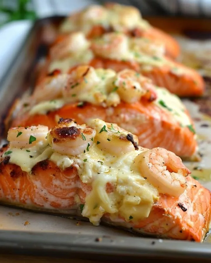 Creamy shrimp stuffed salmon ready to serve, garnished with herbs.