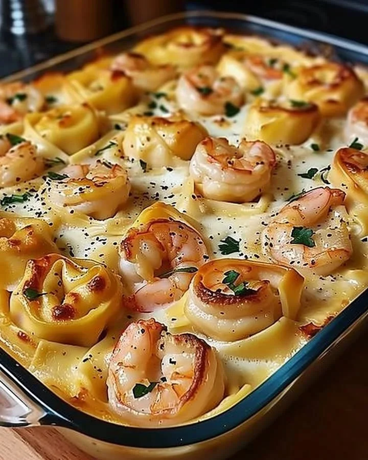 Creamy shrimp tortellini Alfredo bake topped with cheese and parsley