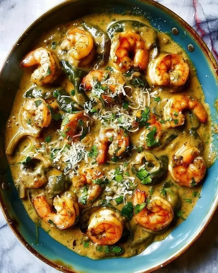 Creamy shrimp with poblanos served in a bowl, garnished with herbs