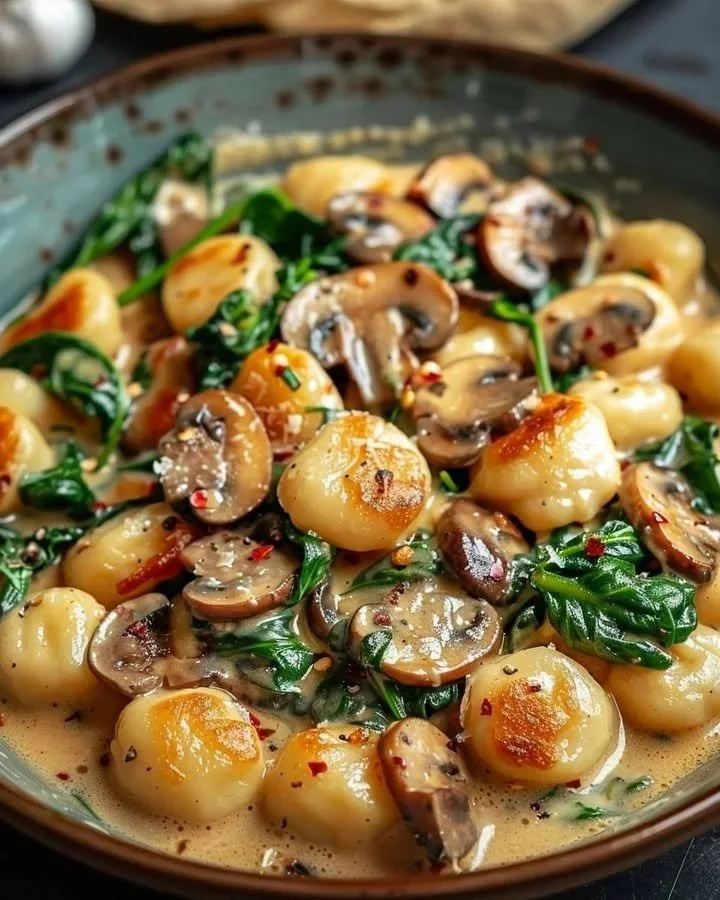 Creamy spinach mushroom gnocchi served in a bowl with fresh herbs.