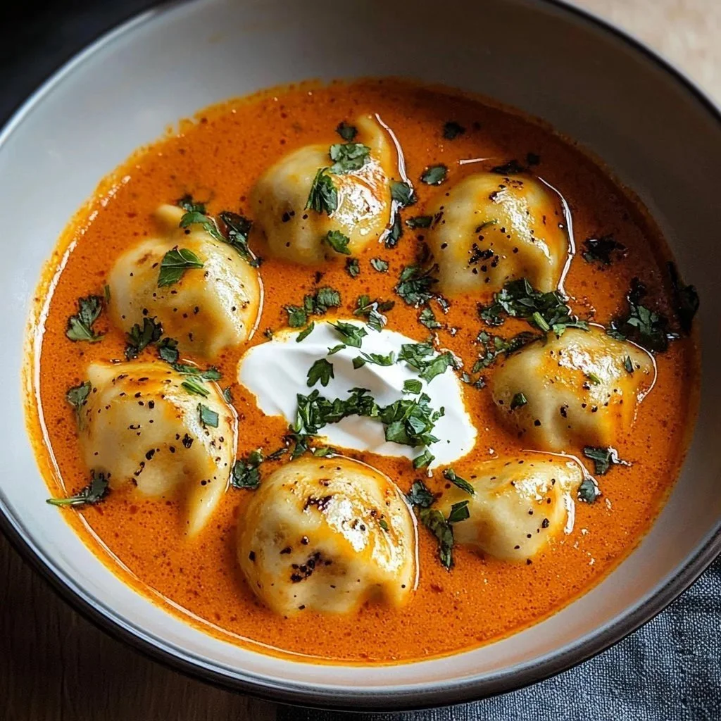 Bowl of creamy tomato gnocchi soup topped with fresh basil and parmesan cheese