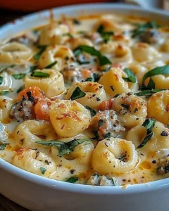 Creamy Tortellini Alfredo Bake topped with cheese and herbs