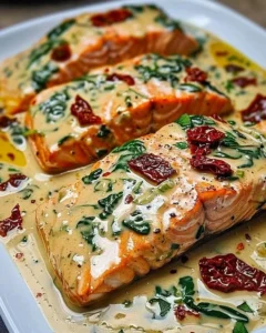 Creamy Tuscan Salmon dish with fresh spinach and rich sauce