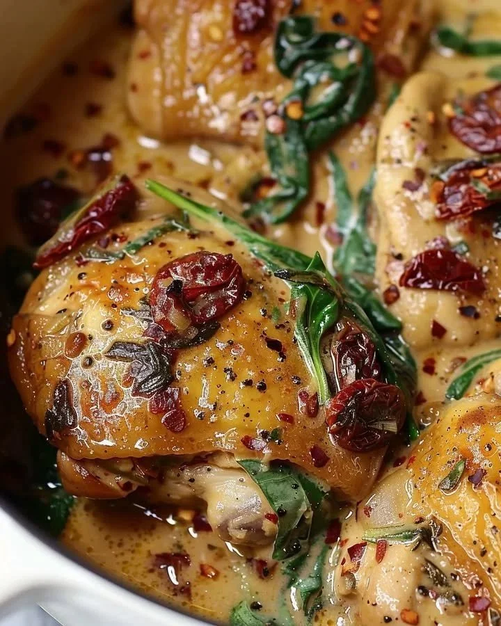 Creamy Tuscan slow cooker chicken dish served with herbs and vegetables.
