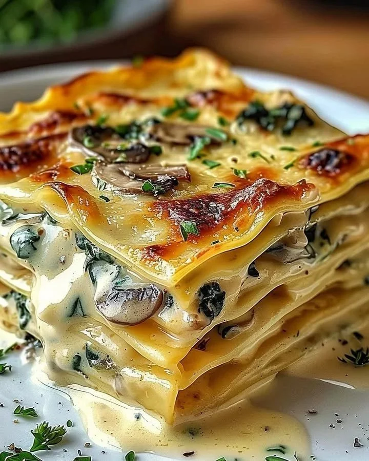 Creamy vegetarian spinach mushroom lasagna served in a dish