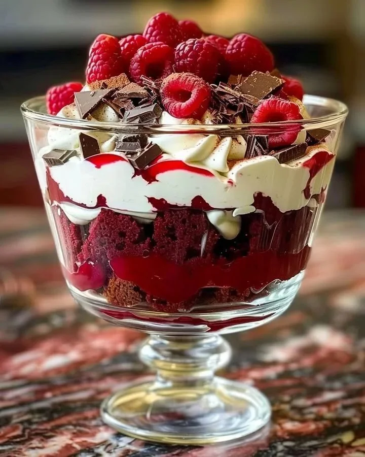 Crimson Velvet Cheesecake Layered Dessert garnished with fresh berries