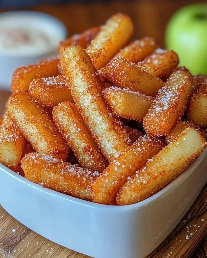 Delicious crispy air fryer apple fries served in a bowl