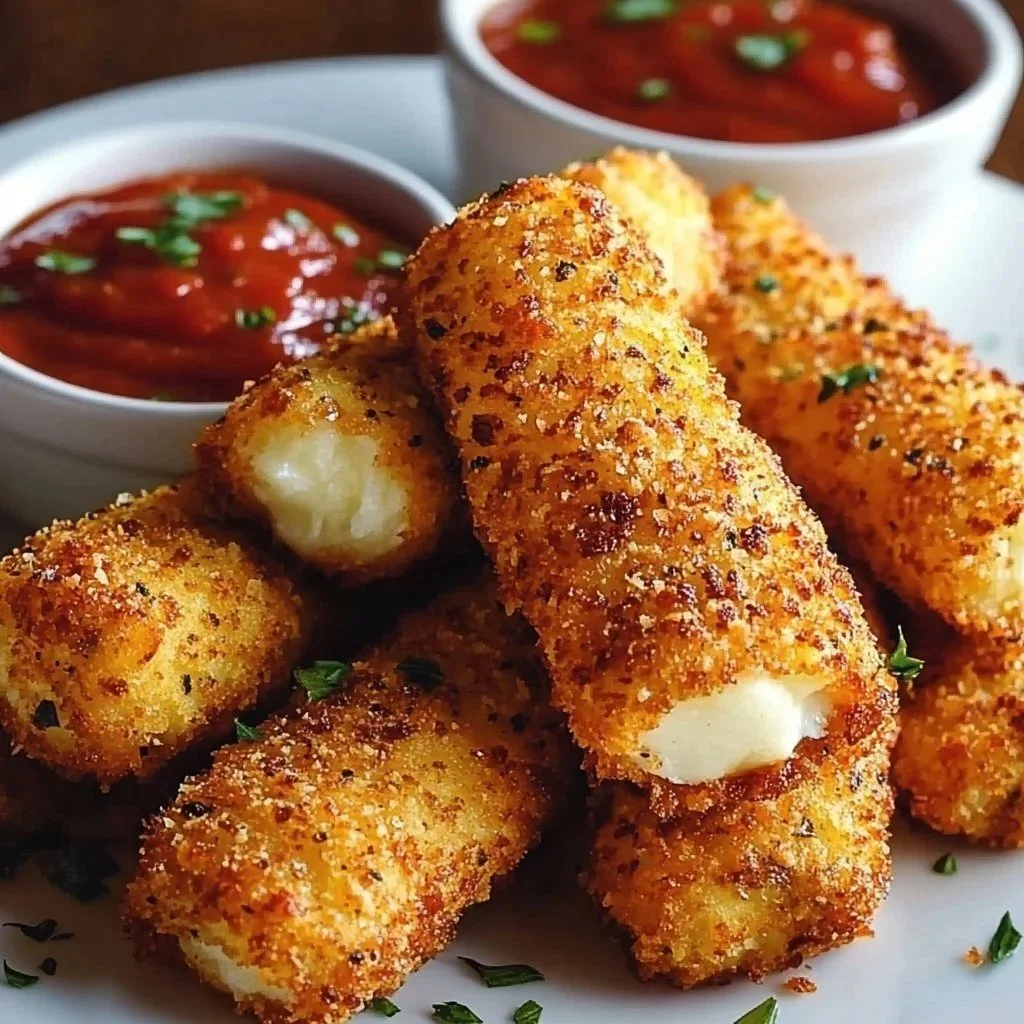 Plate of crispy homemade mozzarella sticks with marinara sauce