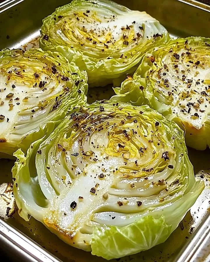Crispy oven baked cabbage steaks served on a plate with spices and herbs.