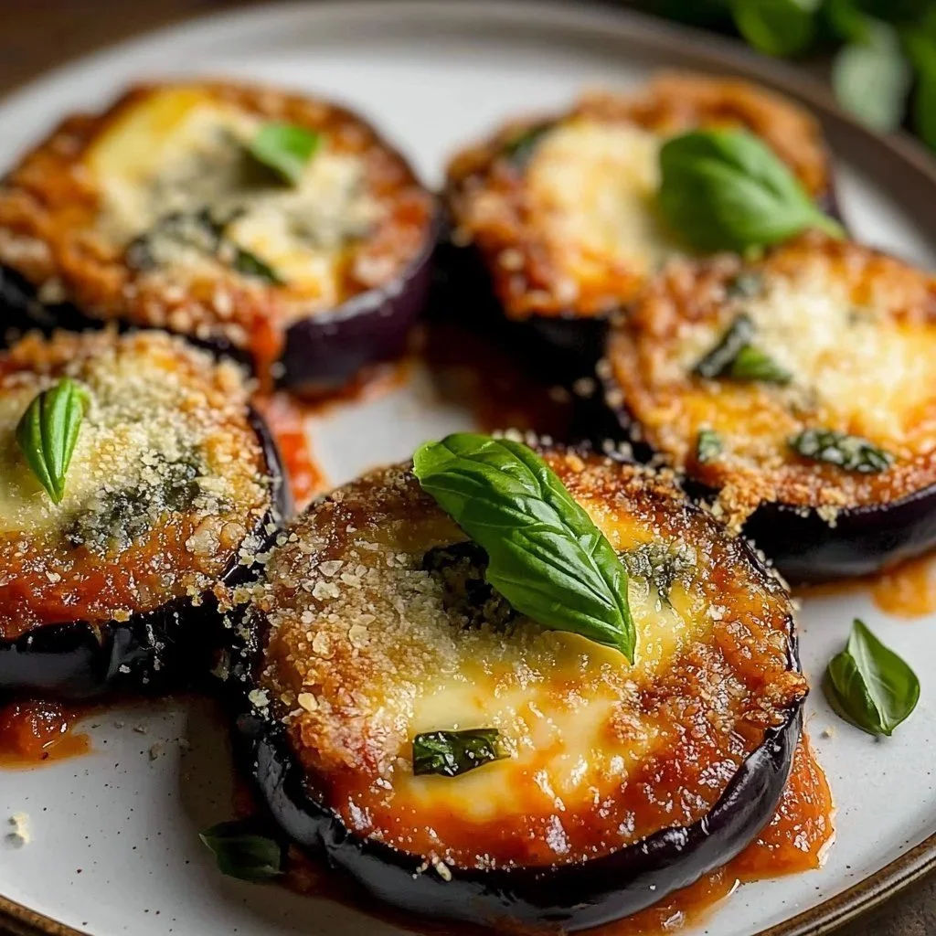 Crispy oven-baked eggplant parmesan served with fresh basil and tomato sauce.