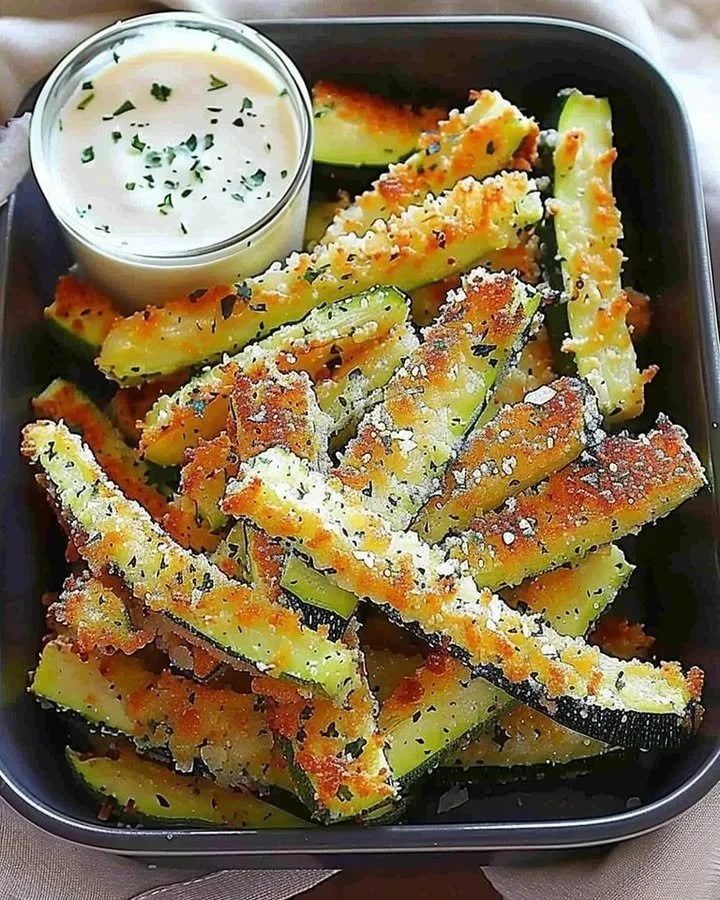 Bowl of crispy Parmesan zucchini fries garnished with herbs