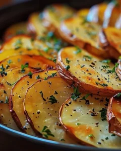crispy sliced baked potatoes dish with herbs and spices