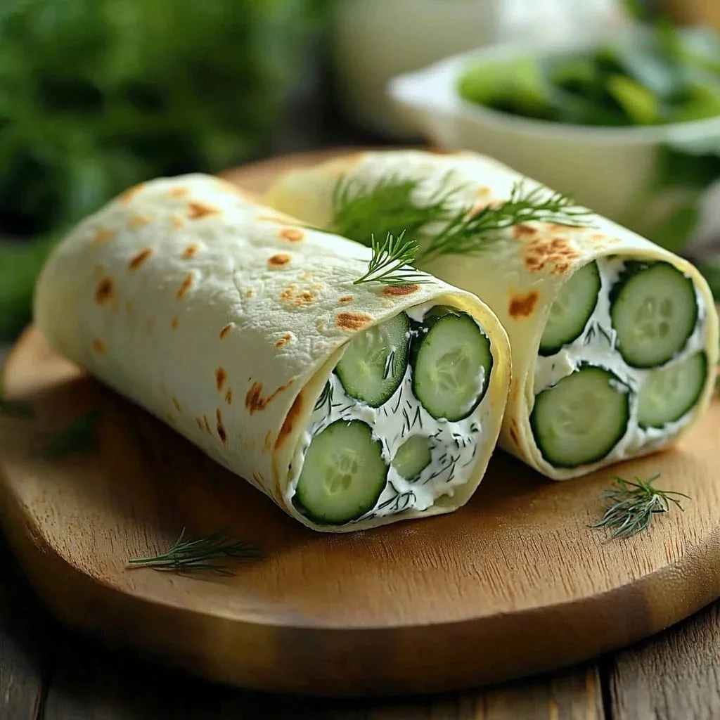 Cucumber and cottage cheese wrap on a plate garnished with herbs