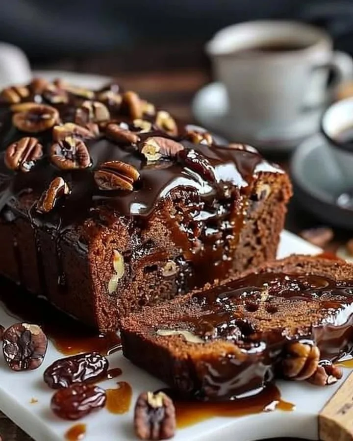 Slice of Date Coffee Walnut Loaf with Espresso on a plate