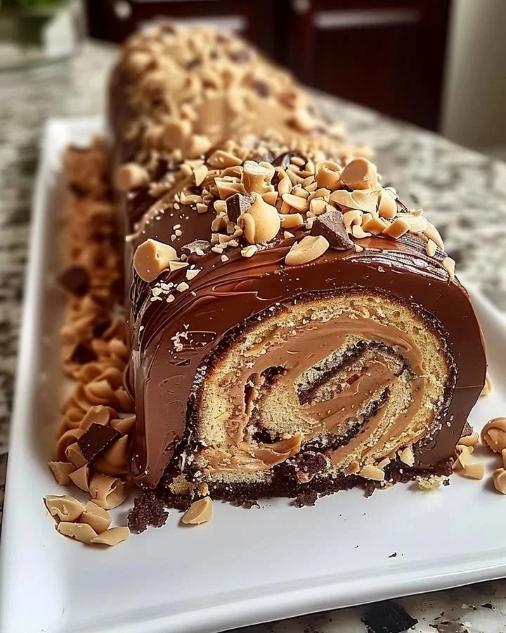 Decadent chocolate peanut butter roulade dessert with creamy filling and chocolate glaze.